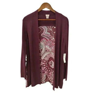NWT Chico’s Berry Bold Geometric Paisley Open Front Cardigan Size L